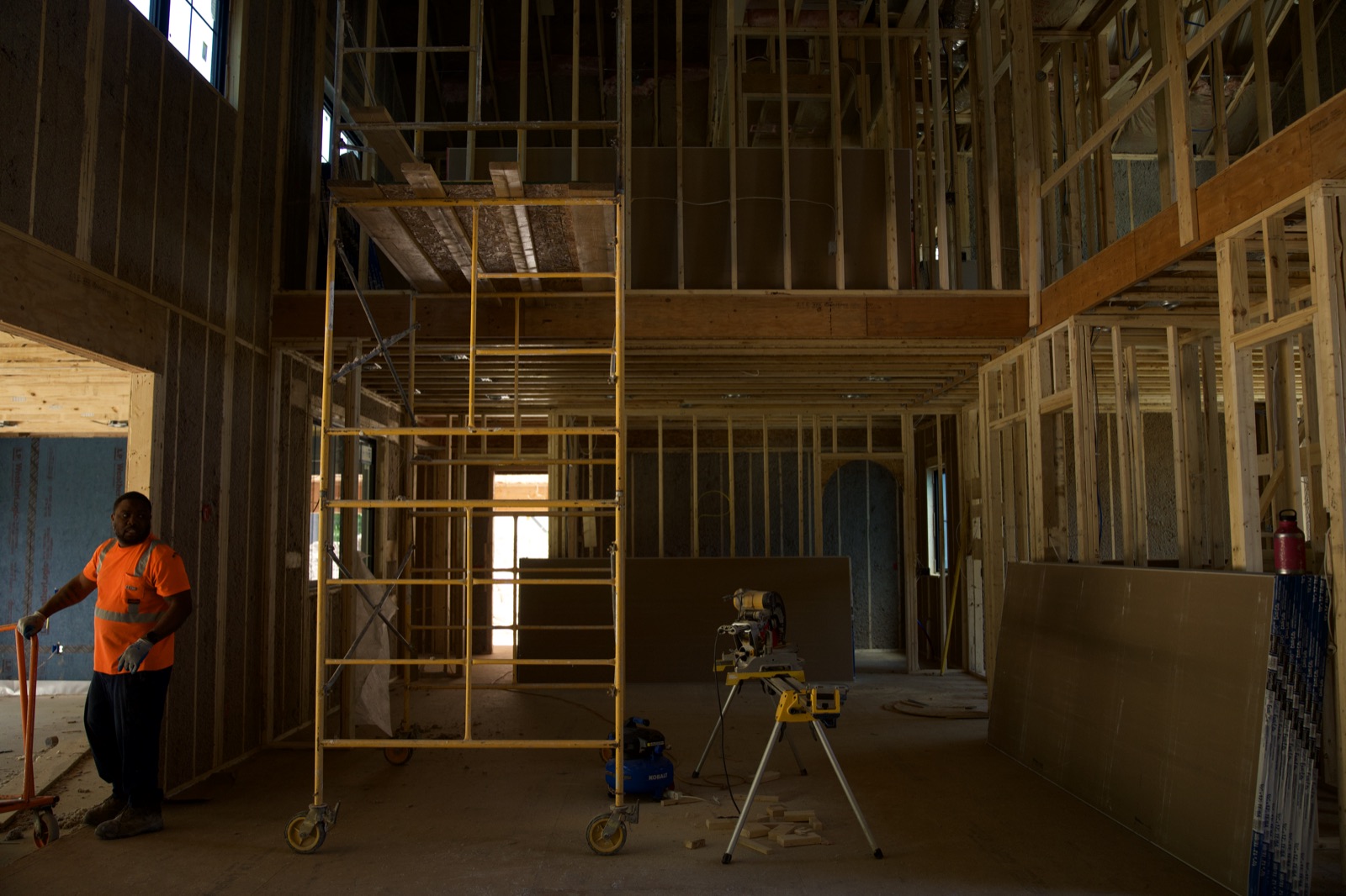 Framed interior of a remodel project with scaffolding