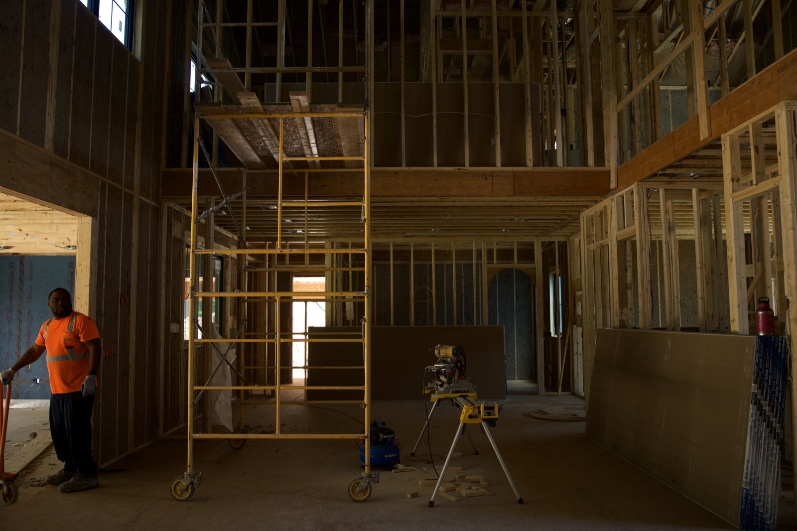 Framed interior with scaffold ready for board